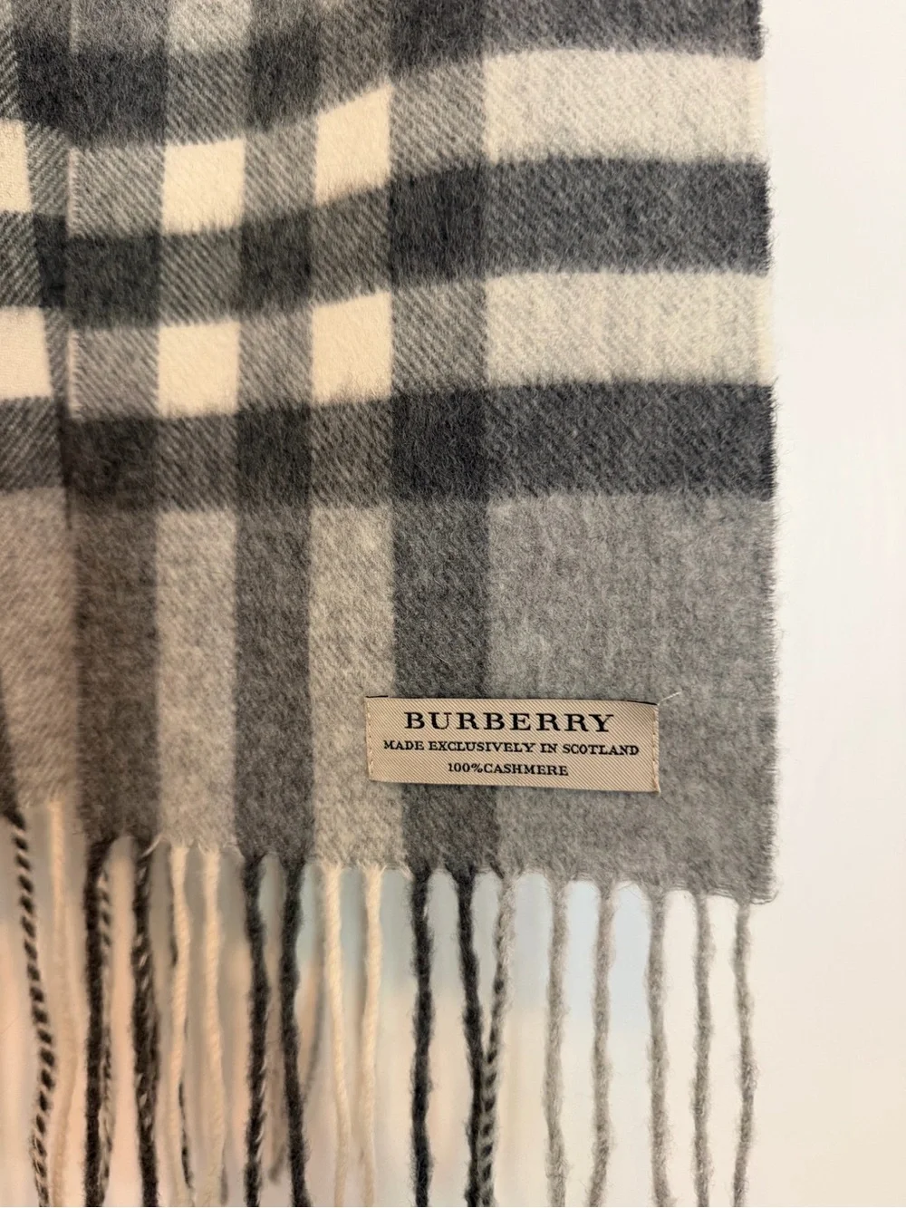 Burberry Gray, Cream and Blue Check Cashmere Scarf